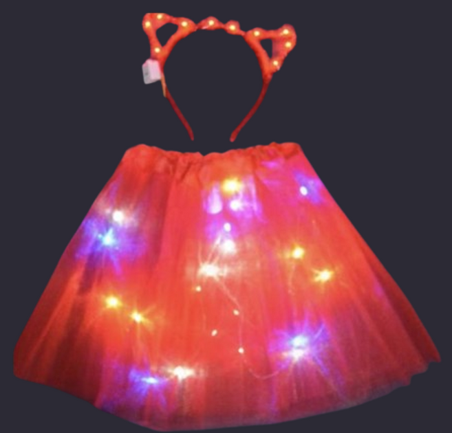 LED 야광 치마 + 고양이 머리띠 세트 생일파티 크리스마스 할로윈 재롱잔치 발레 스커트, 레드