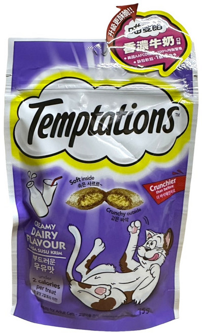 Temptations 誘惑 貓零食 酥脆潔牙 貓咪點心, 香濃牛奶, 75g, 1個