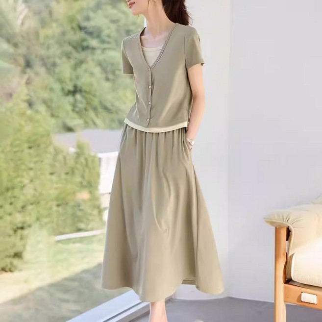 여름 여성 투피스 세트 캐주얼 빅사이즈 오피스룩 맨투맨 치마 투피스 데일리룩 하객룩 롱 스커트 세트