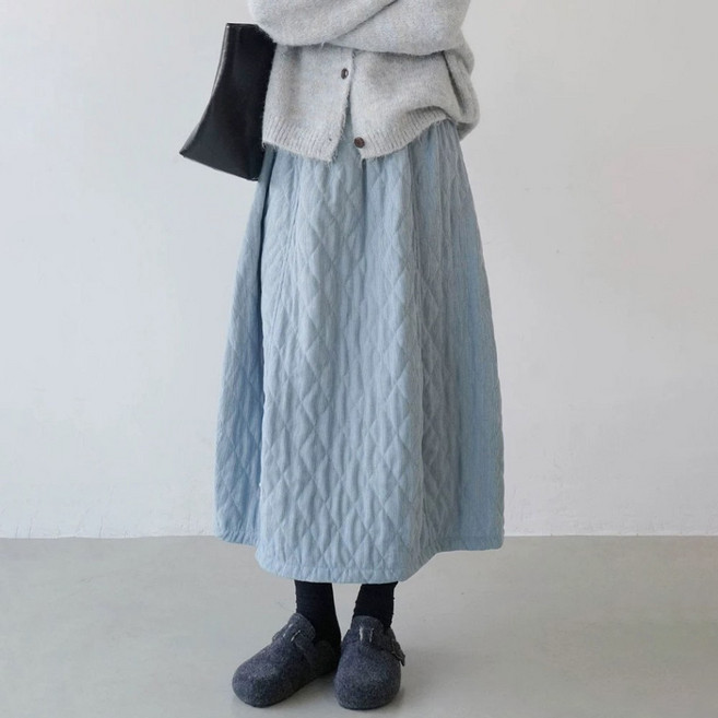 ROYALBELLE 여성 코듀로이 퀼팅 밴딩 허리 스커트 데일리 포근한 롱 A라인 누빔 스커트 E01120517