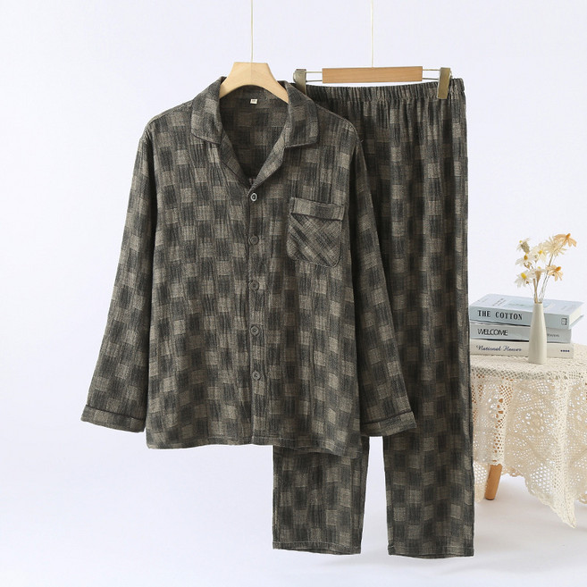 男士睡衣色織雙層純棉居家服長袖長褲春夏秋薄家居服
