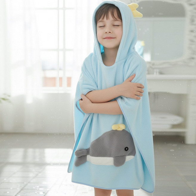 달콩슈 아동용 귀염뽀짝 판초형 목욕타월 비치가운 수건 대형 DWT033, 1개, 블루