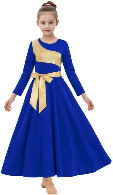 ORIDOOR Girls Praise Dance Dress Metallic Gold Liturgical Worship Church Robe Full Length Swing Ly, 11-12 Years, 06-royal Blue