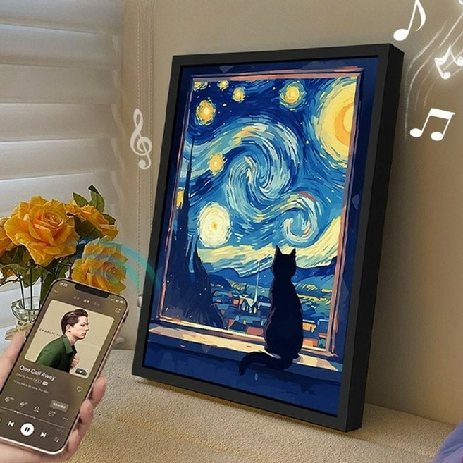 빛나는 그림 액자 스피커 반 고흐 고양이 시리즈 조명액자 블루투스스피커, B 플러그인
