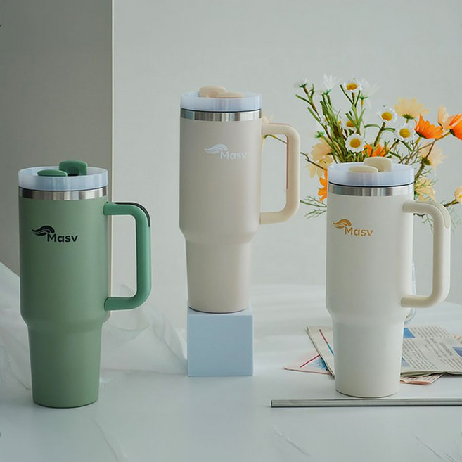 마시뷰 대용량텀블러 +스텐빨대 1.18L 대형텀블러 손잡이텀블러 보온 보냉 스텐빨대 뚜껑 진공텀블러, 히든그린, 1개