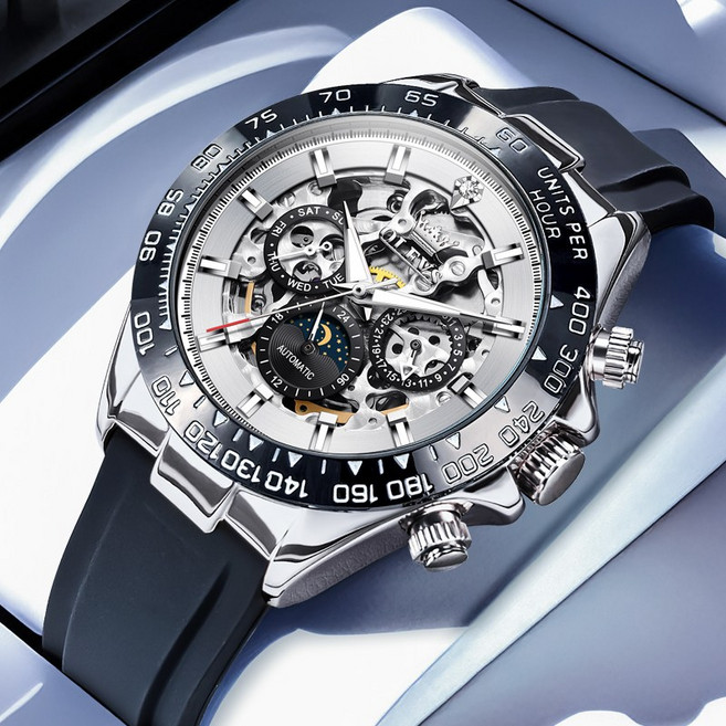 OLEVS 남성 시계 정품 자동 기계식 오토매틱 럭셔리 명품 워터프루프 야광 투조 실리카겔 남성시계