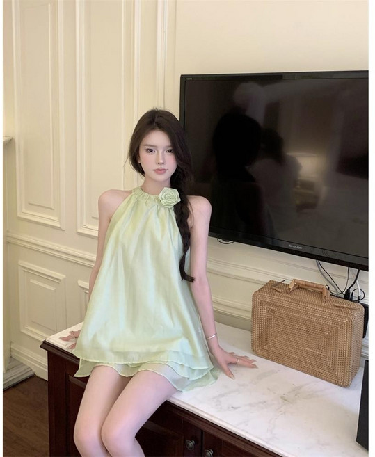 女夏季無袖襯衫上衣/綠色裙褲兩件套 溫柔風氣質連身裙洋裝