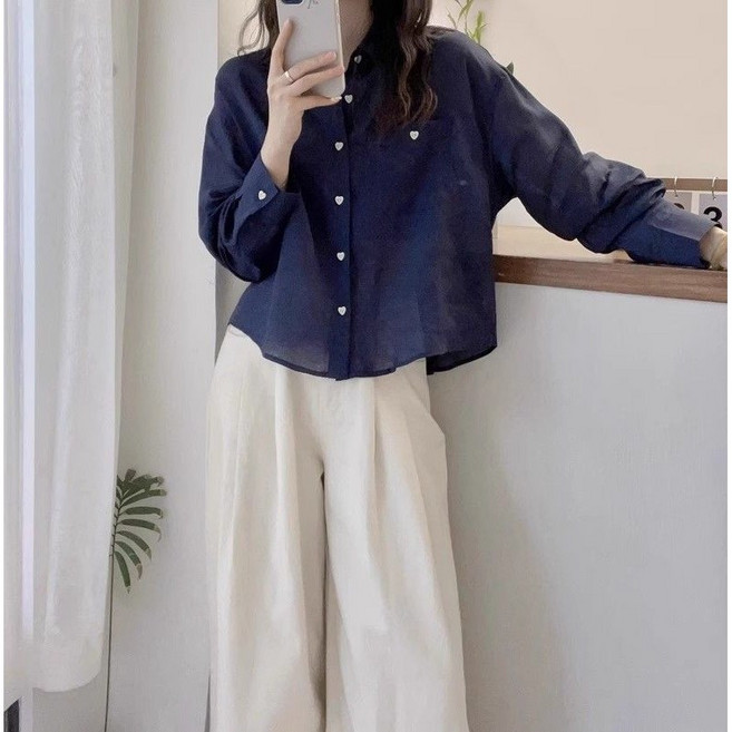 루스리더 여성 하트 단추 린넨 크롭 긴팔 셔츠 M280