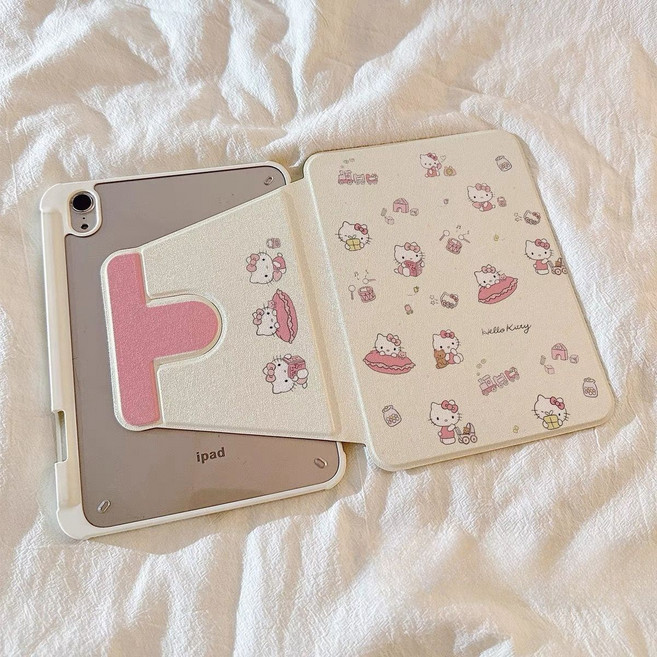 滿屏插畫kt貓蘋果iPad第10代360度旋轉保護套air6/5亞克力平板殼9, 1個, 乳白色:iPad Air5(10.9寸)