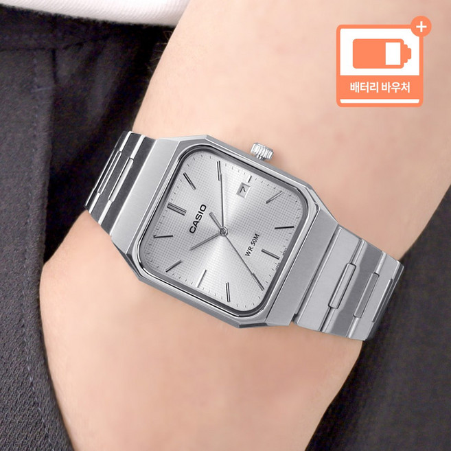 카시오 클래식 캘린더 스퀘어 프리버클 남자 메탈 시계 + 배터리 바우처