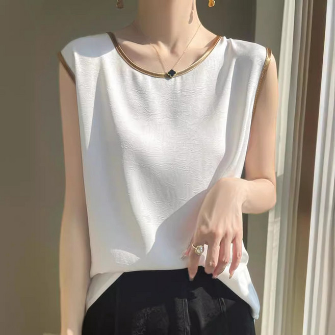 여성 민소매 나시 실크 새틴 무지 블라우스 여름 데일리 배색 나시탑 고급 아이스 쿨 민소매 티셔츠-MEFUN