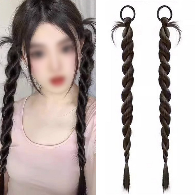 아이루리 롱 트위스트 브레이드 포니 헤어끈 1+1 2개 초간단 땋기 양갈래 페스티벌 파티룩, 1개, 웜블랙 2개