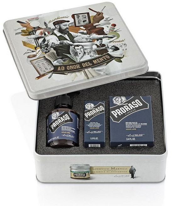 Proraso Wood and Spice 컴플리트 수염 케어 키트 - 따뜻한 우디 향이 나는 워시 오일 밤 수집용 틴 박스에 담긴 남성용 프리미엄 이탈리아 선물 세트 200, 아주르 라임