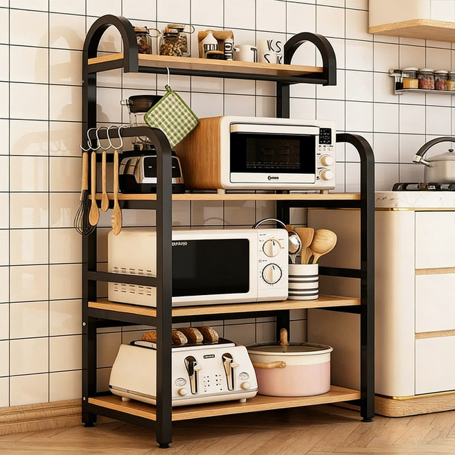 SeekFun 다용도 주방 선반 전자레인지 오븐 수납 조리도구 정리용 다층형 선반, 4단, 검은 호두색