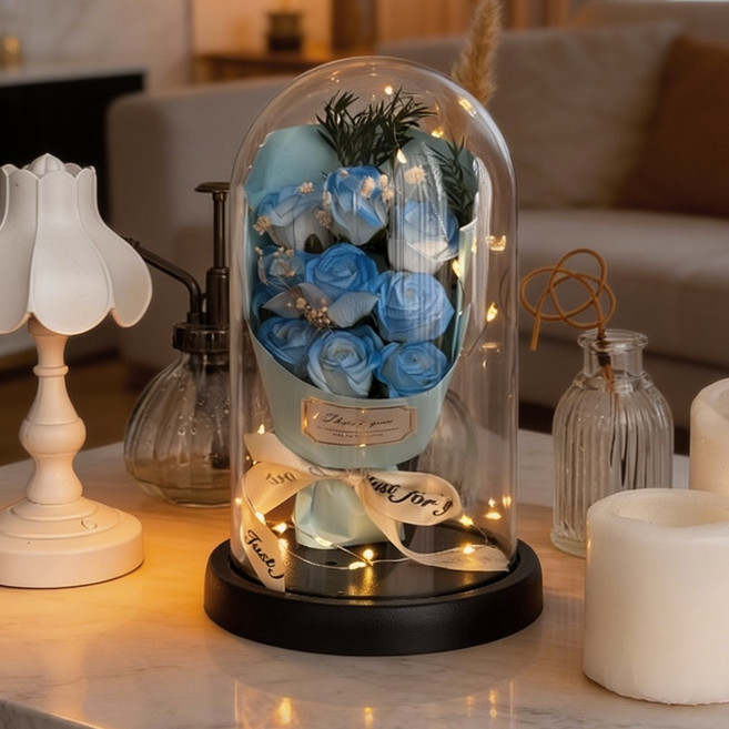 [건전지포함] 에이무드 꽃다발 유리돔 기념일선물, 블루 장미