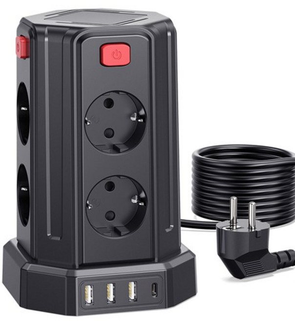 과부하차단 USB 타워 멀티탭 - 블랙 - 3M 전선 - USB 멀티탭 12구 (8소켓 3*USB-A 1*USB-C) KC 인증서 취득, 검은색, 1개