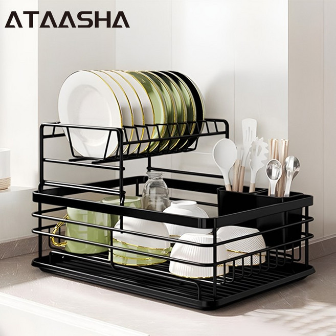 Ataasha 식기건조대 2단 주방 대용량 보강 설거지건조대, 1세트, 블랙