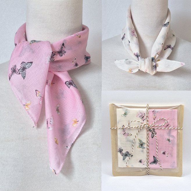2종세트 국산 면 나비 스카프 헤어 반다나 여성 등산용 대형 목 손수건 단체 선물 포장