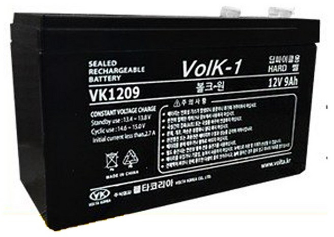 VK1209 12V 9Ah 볼크원 배터리 무보수 밀폐형 산업용 밧데리 전동자동차 축전지, 1개, 1개입