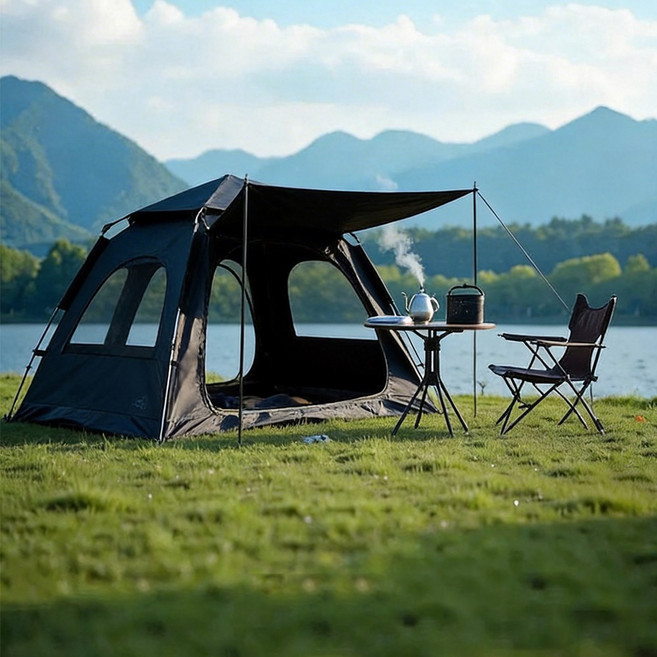 C.partner 원클릭 자동 접이식 휴대용 캠핑 텐트로 일체형 육각형 돔 차양막과 모기장이 내장되어 있으며 방수 기능과 간편한 설치를 제공합니다, 4인용, 블랙