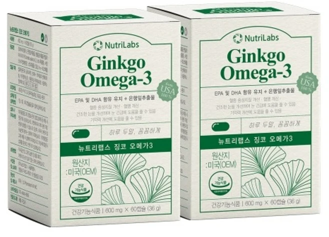 뉴트리랩스 징코 오메가3 600mg x 120캡슐 2개월분 은행잎추출물 혈행개선 두뇌건강, 2박스, 120정 - 쿠팡