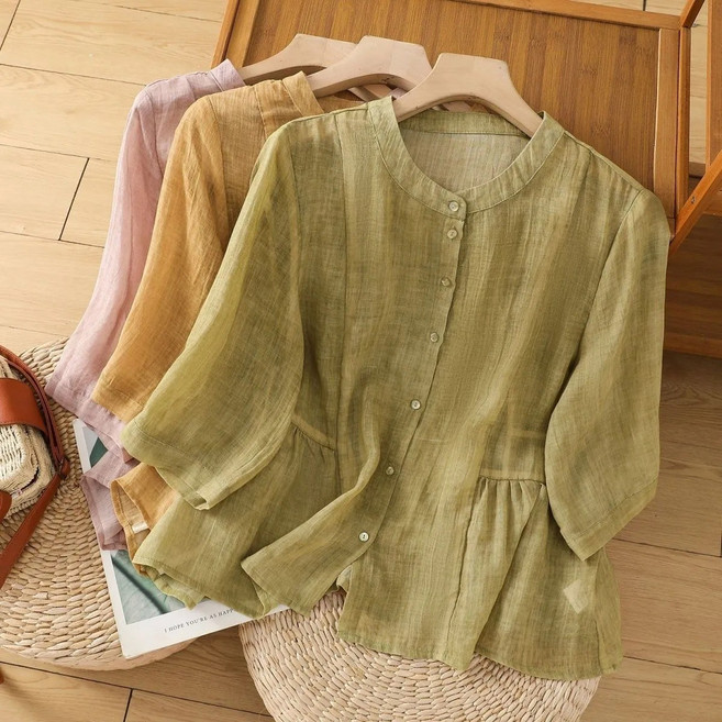 50대 엄마옷 면 마 칠부셔츠 봄 여름 얇은 패션 라운드 카디건 셔링 블라우스