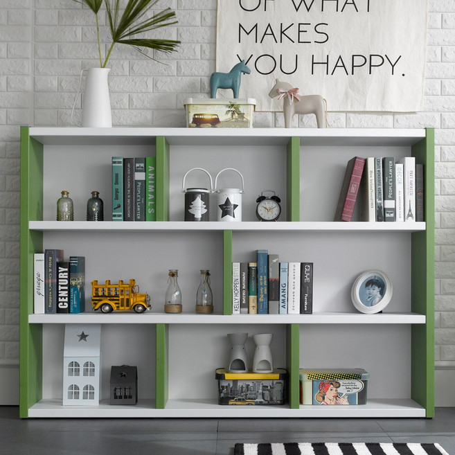 동진가구 36T 1600 3단 책장 와이드 낮은 수납장 책꽂이, 그린화이트