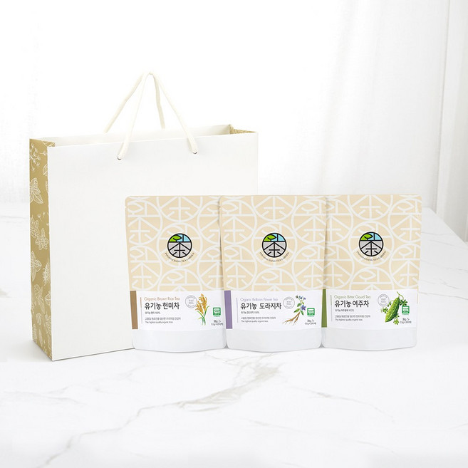 [쇼핑백 포함]부모님을 위한 유기농 건강차 3종 세트 현미차 도라지차 여주차 평창다원
