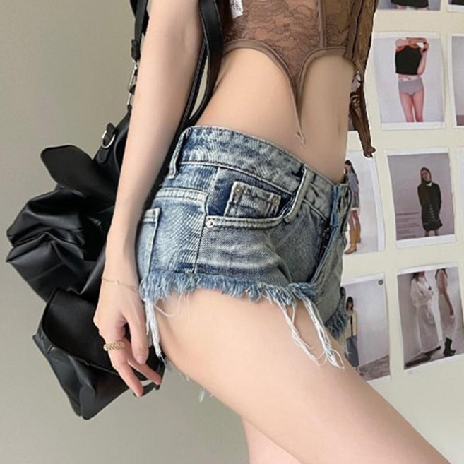 빈티지 워싱 로우 웨이스트 섹시 컷팅 데님 핫팬츠