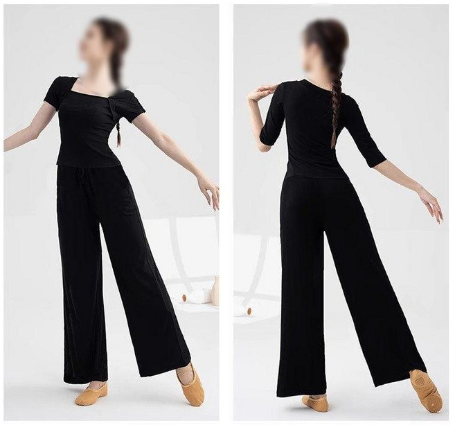 연영과 입시복 무용복 입시 의상 현대 무용 상하의 세트, 중간소매 블랙+와이드 팬츠