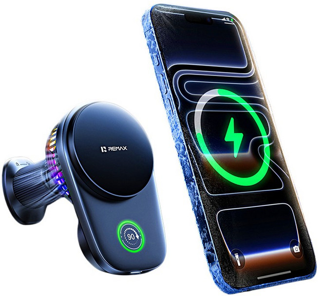 REMAX MagSafe磁吸車用無線充電支架 15W 風扇散熱 90度電動旋轉 氛圍燈效 一觸即充 單手取放 正版台灣公司貨, 黑色, RM-C72