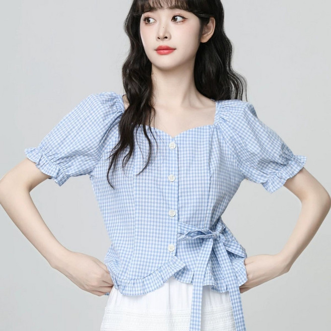 ANYOU 여성 스퀘어 카라 체크 반팔 셔츠 벨트 블라우스
