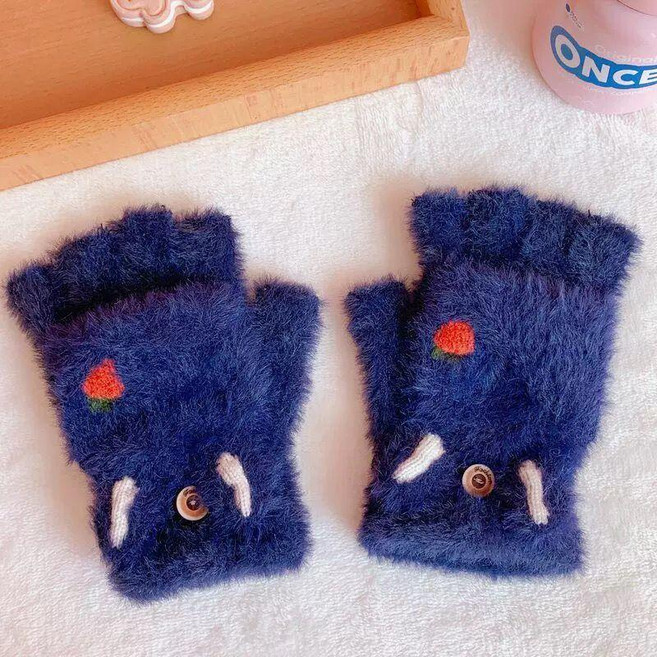 可愛卡通兔子耳朵胡蘿蔔刺繡翻蓋加厚保暖露指毛線針織手套