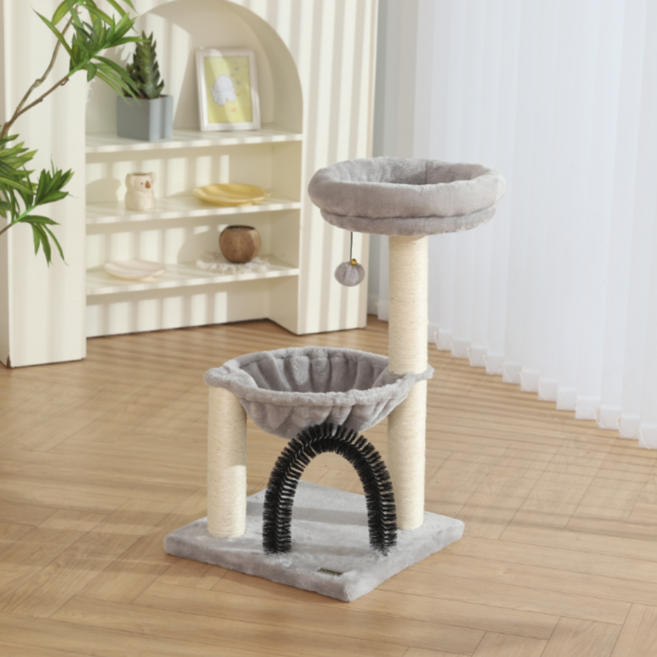 27.8인치 멀티 레벨 캣 타워 - 실내 고양이 & 새끼 고양이용 크리미 그레이 캣 퍼니처 (스크래칭 포스트 플러시 바스켓 & 펄치 달링 볼 장난감 포함), 1개, Light Grey