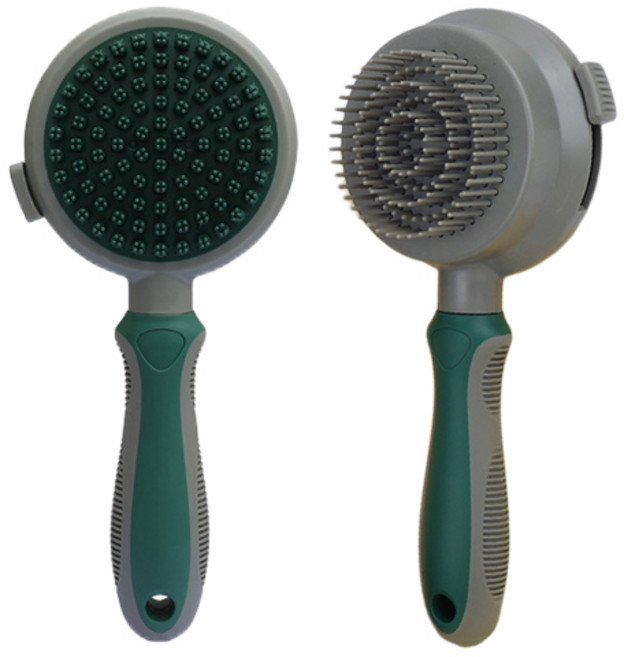 비즈엘 반려동물 양면 원터치 브러쉬 마사지 빗, 그린, 1개
