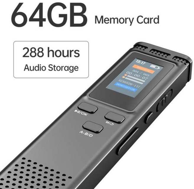 휴대용 음성 녹음기 보이스 레코더 고음질 녹음 디지털 활성화 오디오 소음 MP3 음악 플레이어 288 8GB, 1)64 GB