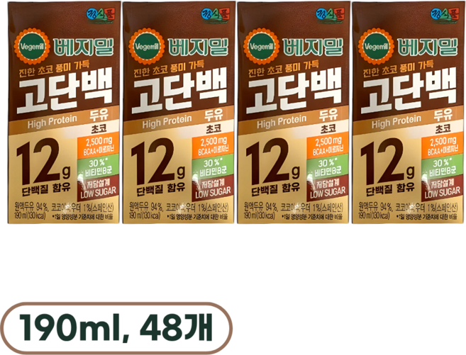 베지밀 고단백 두유 초코, 190ml, 48개