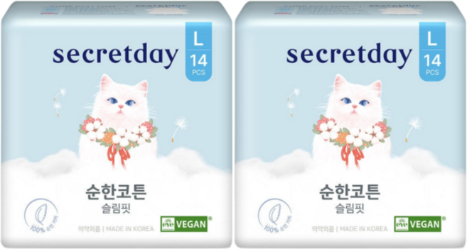 시크릿데이 순한코튼 슬림핏 생리대 날개형, 대형, 16개입, 2개