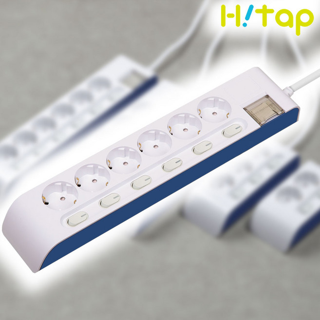 현대일렉트릭 하이탭 6구 개별스위치 멀티탭 2800W 국내생산, 1개, 3m, 화이트+네이비