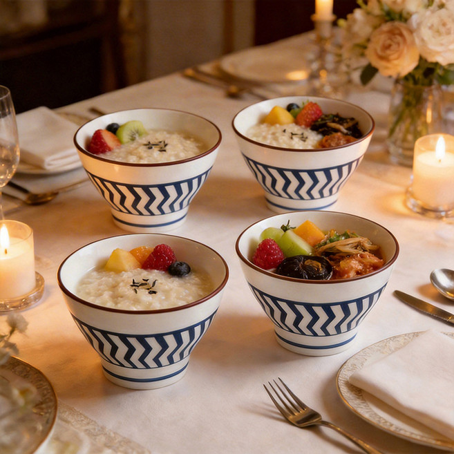 WHH 도자기 면기 세트 예쁜 냉면기 국그릇 스트라이프 라면그릇, 4개, A