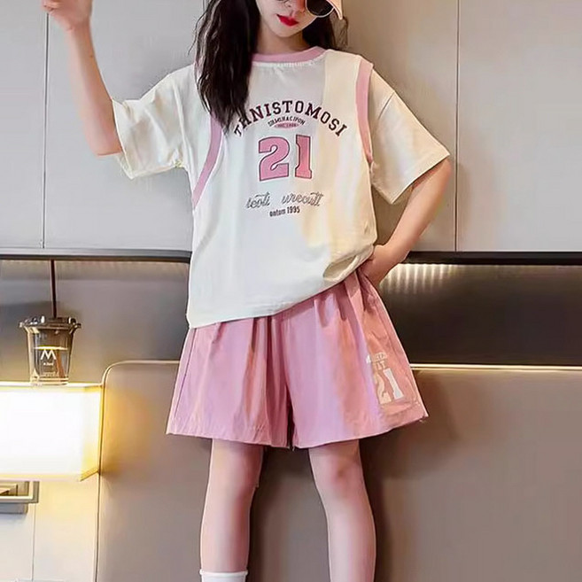 주니어 여아 반팔 티셔츠 페이크 레이어드 프린팅 민소매 프릴 밴딩 반바지 상하복 세트