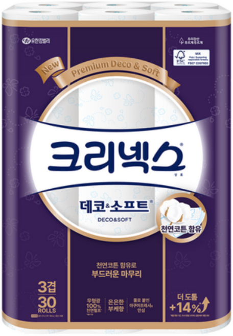 크리넥스 3겹 데코 앤 소프트 수딩 플러스 천연펄프 고급롤화장지, 25m, 30개입, 2개