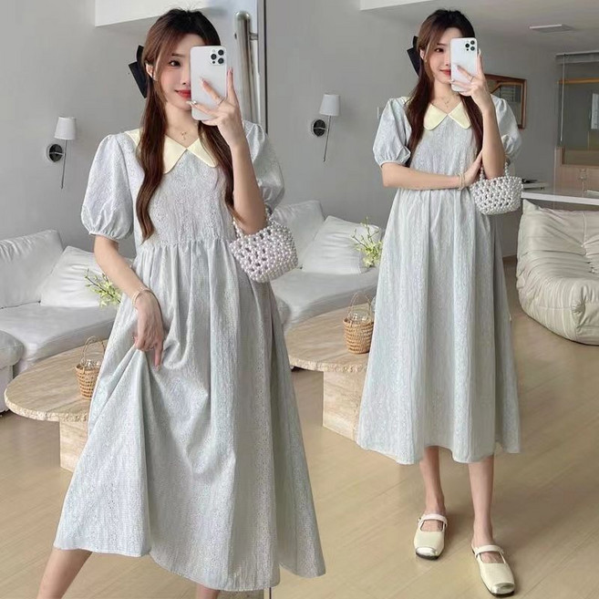 임산부 미디 원피스 귀여운 공주룩 쉬폰 소매 플레어 드레스 JS