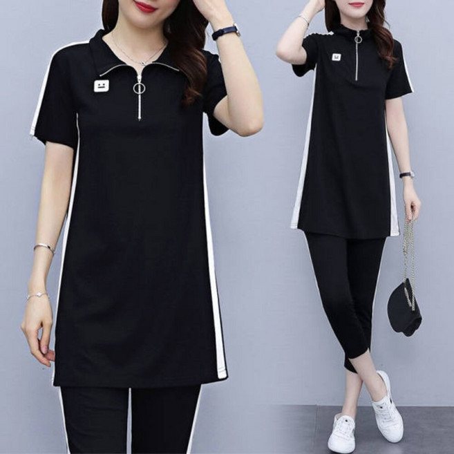 夏季運動休閒套裝女 透氣短袖 七分褲兩件套 翻領長版上衣顯瘦穿搭 a0118