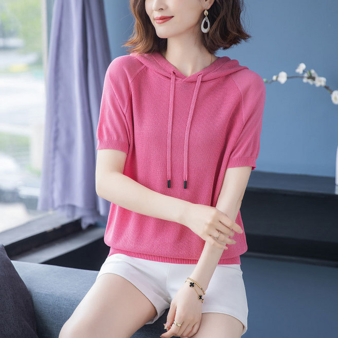 Asure 여자 여름 데일리 무지 캐주얼 후드 니트 스트링 반팔 티