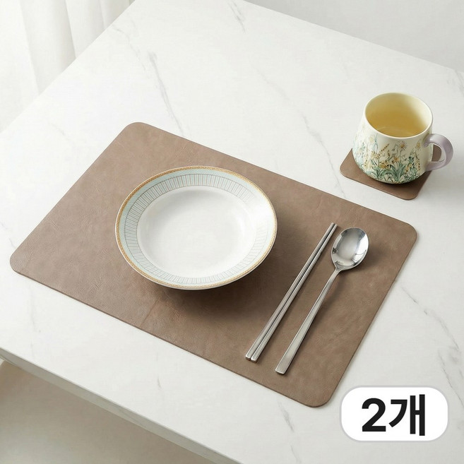 앤아일즈 고급 소가죽 무늬 가죽 테이블 식탁 매트 + 코스터 세트, 2개, 45x30cm, 머드그레이