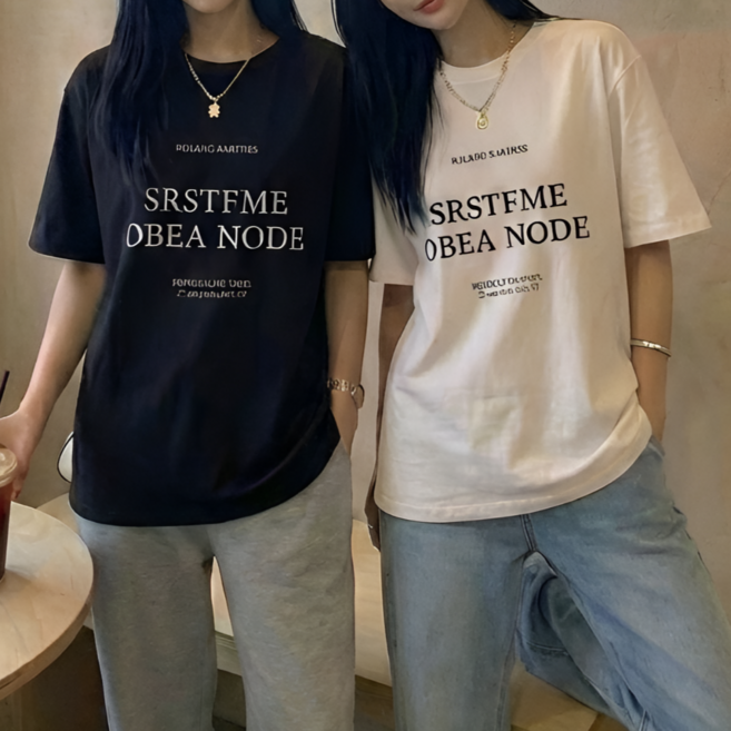 쁘띠엘라 1+1 레터링 반팔티 루즈핏 티셔츠 스판