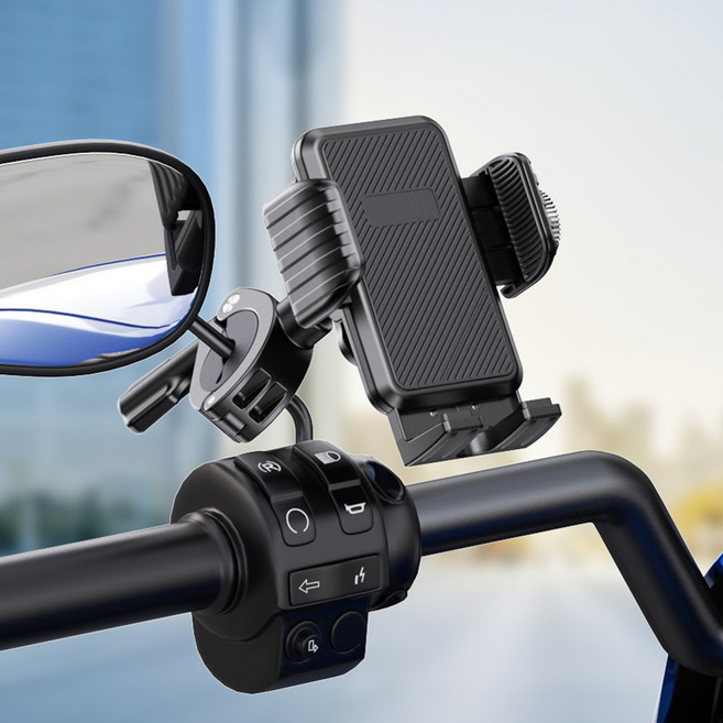 Surkat 설치 쉬운 방진 견고 자전거 오토바이 핸드폰 거치대 UK-11, 핸들 백미러 겸용, 블랙