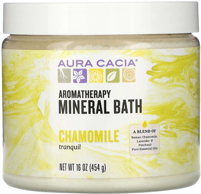 Aura Cacia 아로마테라피 미네랄 입욕제 평온한 캐모마일 454g(16oz) 2팩, 454g - 쿠팡