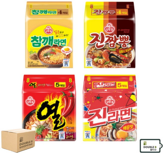 오뚜기 멀티팩 4종 (진라면 매운맛 + 진짬뽕 + 참깨라면 + 열라면) + 더블비물티슈&패키지, 1세트